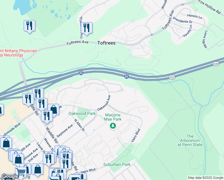 map of restaurants, bars, coffee shops, grocery stores, and more near 606 Oakwood Avenue in State College