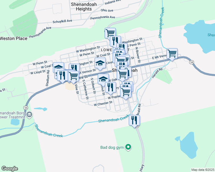 map of restaurants, bars, coffee shops, grocery stores, and more near 216 West Atlantic Street in Shenandoah
