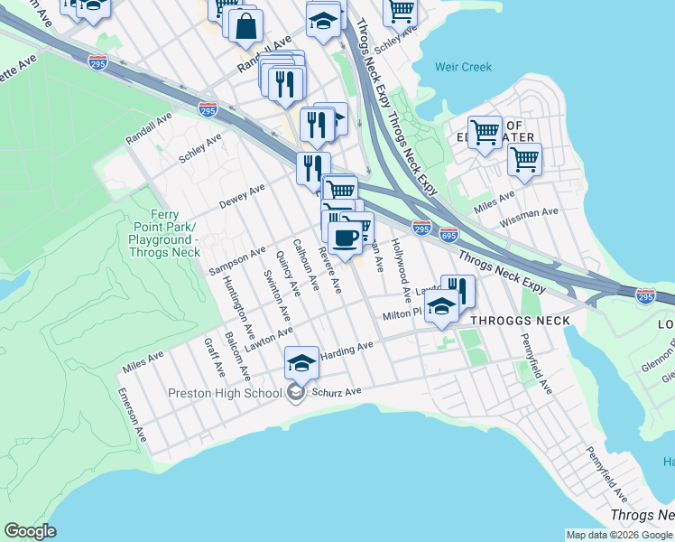 map of restaurants, bars, coffee shops, grocery stores, and more near 2878 Miles Avenue in Bronx