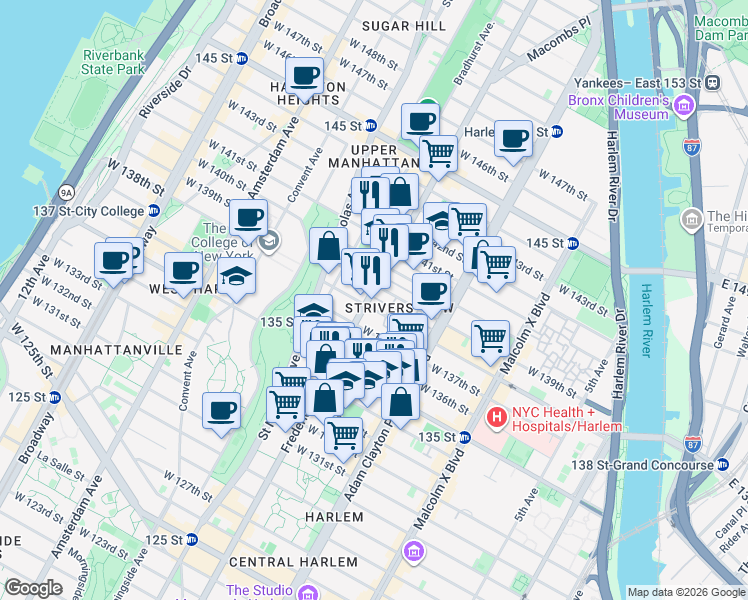 map of restaurants, bars, coffee shops, grocery stores, and more near 312 West 138th Street in New York