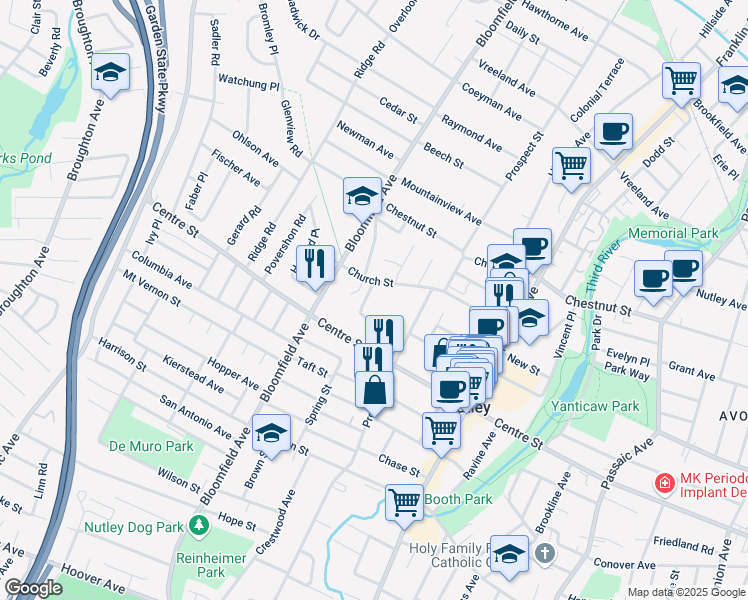 map of restaurants, bars, coffee shops, grocery stores, and more near 33 Clover Street in Nutley