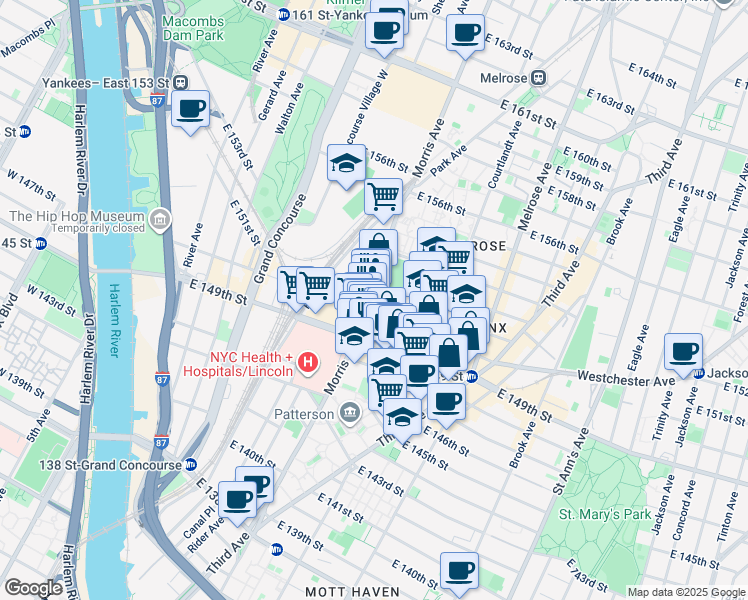 map of restaurants, bars, coffee shops, grocery stores, and more near 272 East 151st Street in The Bronx