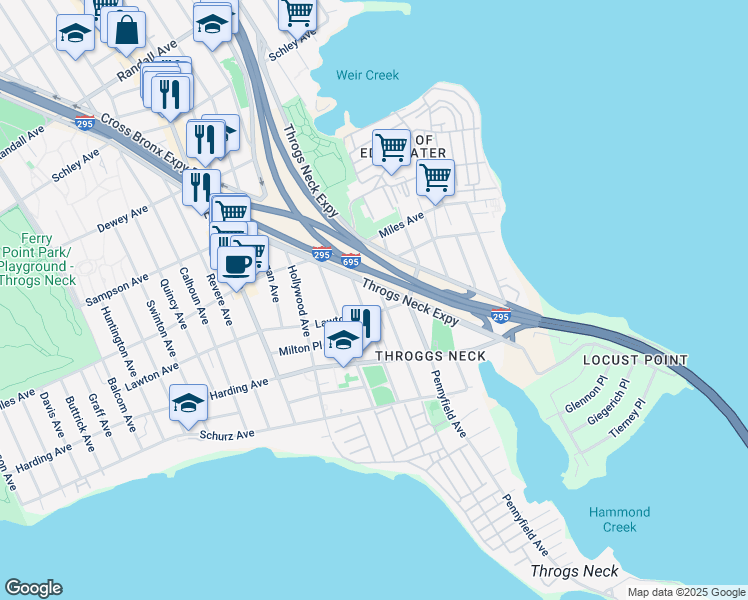 map of restaurants, bars, coffee shops, grocery stores, and more near 217 Kearney Avenue in Bronx