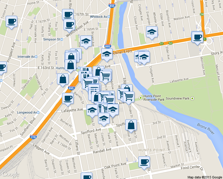 map of restaurants, bars, coffee shops, grocery stores, and more near 820 Longfellow Avenue in Bronx