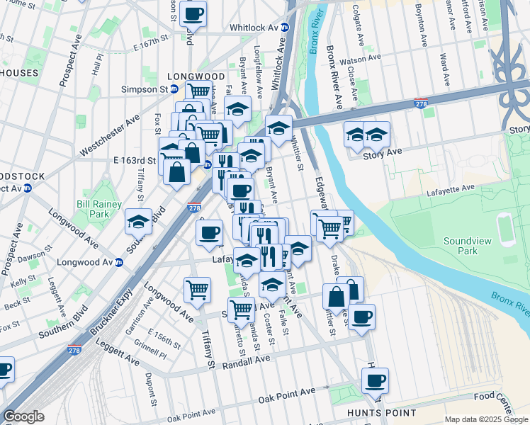 map of restaurants, bars, coffee shops, grocery stores, and more near 836 Faile Street in Bronx