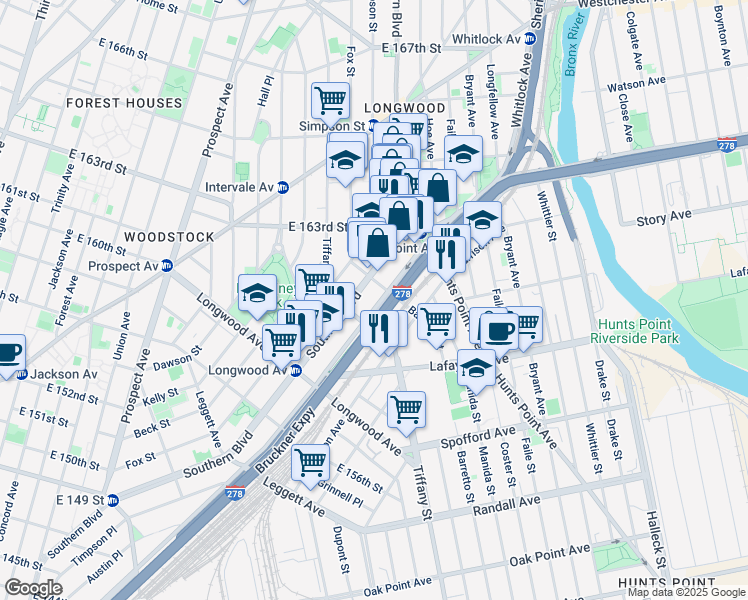 map of restaurants, bars, coffee shops, grocery stores, and more near 130 Bruckner Boulevard in Bronx