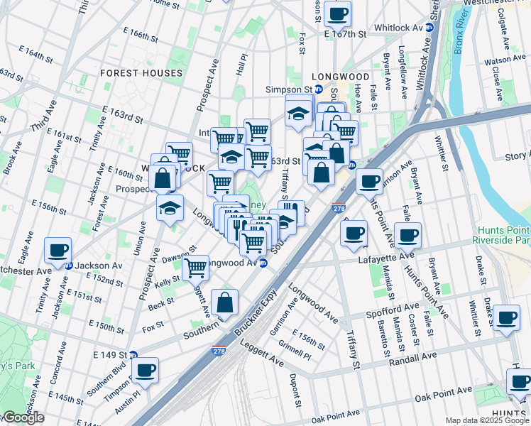 map of restaurants, bars, coffee shops, grocery stores, and more near 855 Fox Street in Bronx