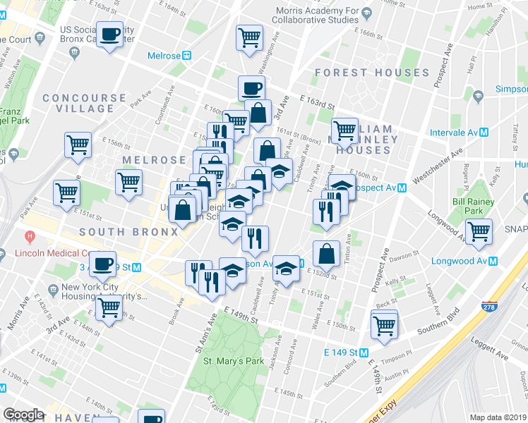 map of restaurants, bars, coffee shops, grocery stores, and more near 701 Cauldwell Avenue in Bronx
