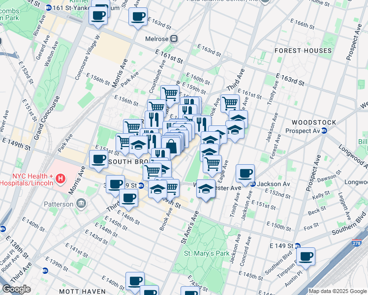 map of restaurants, bars, coffee shops, grocery stores, and more near 480 East 153rd Street in The Bronx