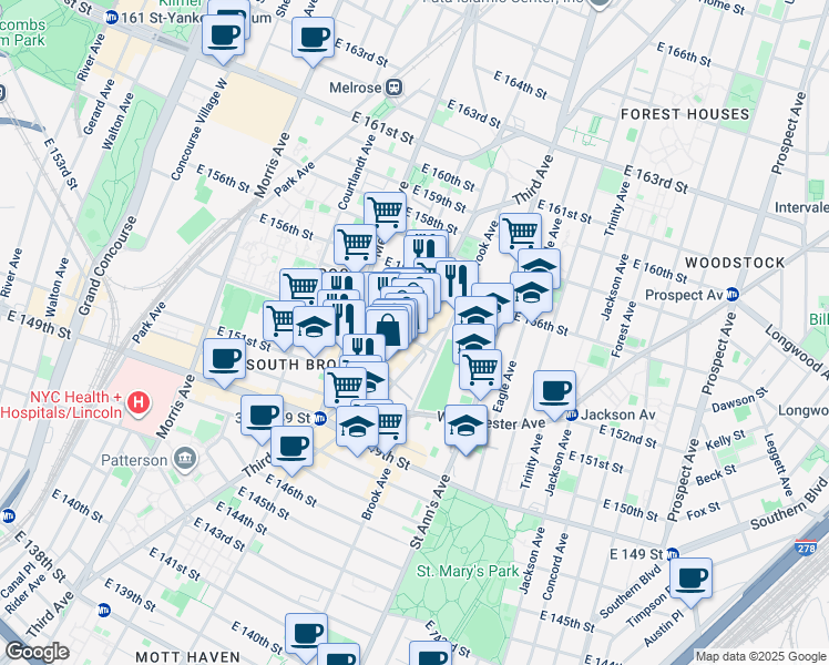 map of restaurants, bars, coffee shops, grocery stores, and more near 480 East 153rd Street in The Bronx