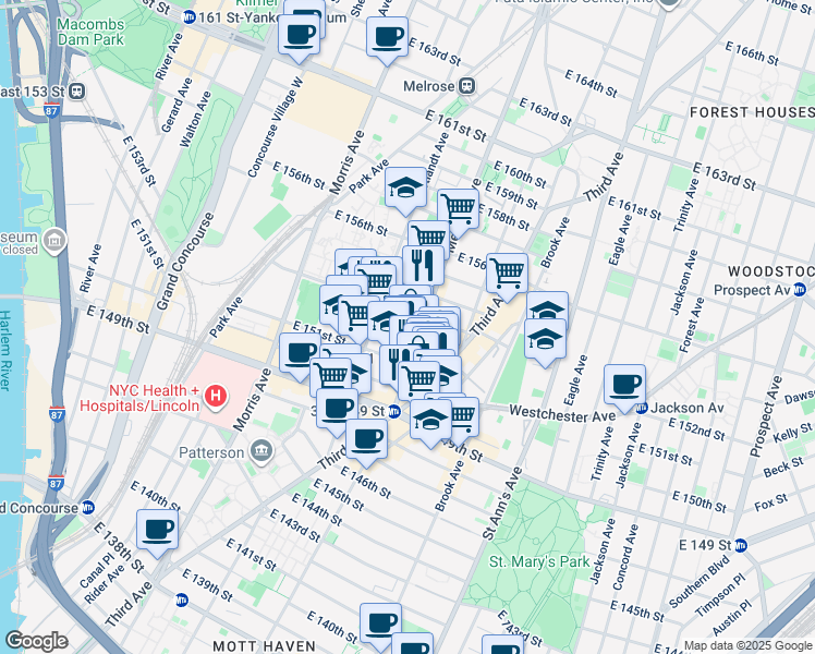map of restaurants, bars, coffee shops, grocery stores, and more near 627 Melrose Avenue in Bronx