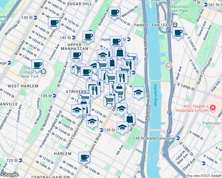 map of restaurants, bars, coffee shops, grocery stores, and more near 143 West 140th Street in New York