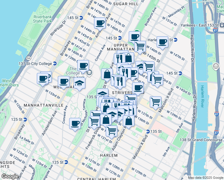 map of restaurants, bars, coffee shops, grocery stores, and more near 312 West 138th Street in New York