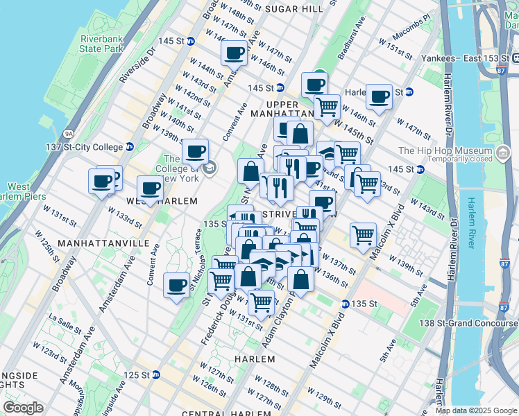 map of restaurants, bars, coffee shops, grocery stores, and more near 312 West 138th Street in New York