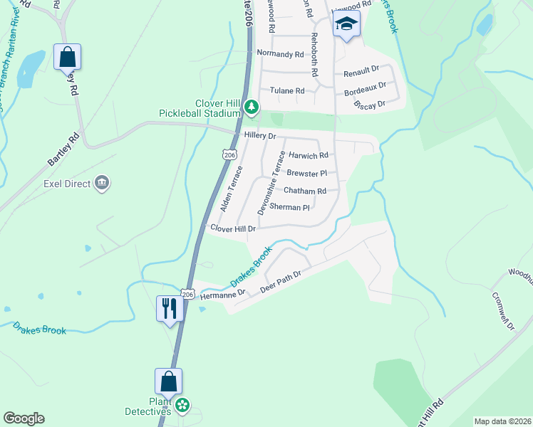 map of restaurants, bars, coffee shops, grocery stores, and more near 6 Devonshire Terrace in Mount Olive
