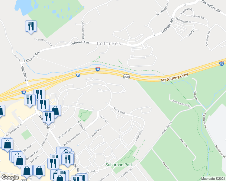 map of restaurants, bars, coffee shops, grocery stores, and more near 535 Oakwood Avenue in State College