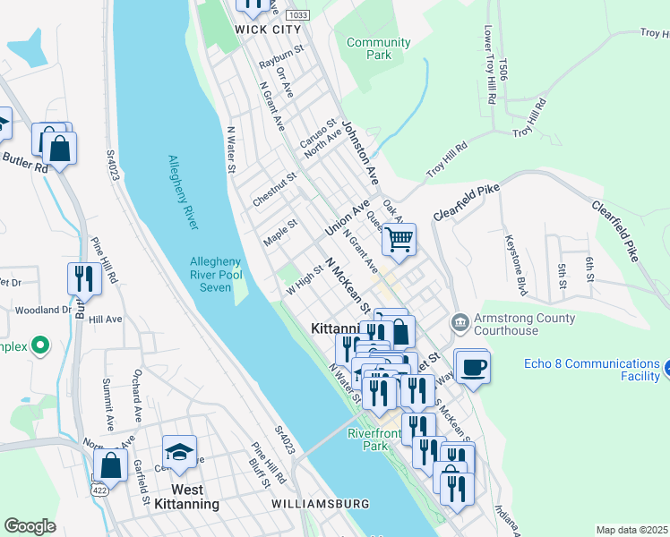 map of restaurants, bars, coffee shops, grocery stores, and more near 325 North McKean Street in Kittanning