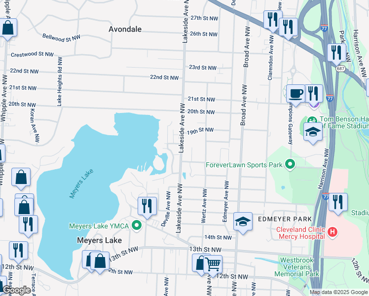map of restaurants, bars, coffee shops, grocery stores, and more near 1710 North Pointe Drive Northwest in Canton