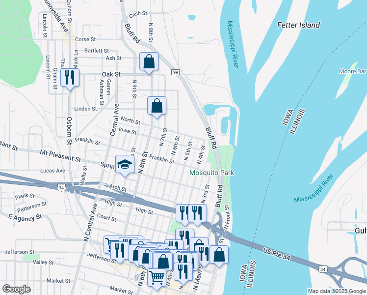 map of restaurants, bars, coffee shops, grocery stores, and more near 1015 North 5th Street in Burlington