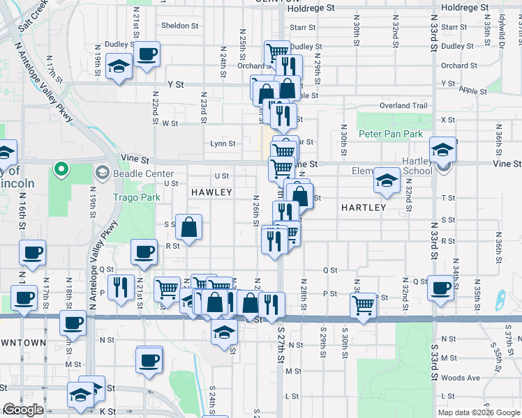 map of restaurants, bars, coffee shops, grocery stores, and more near 2546 S Street in Lincoln
