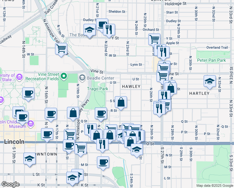 map of restaurants, bars, coffee shops, grocery stores, and more near 2242 S Street in Lincoln