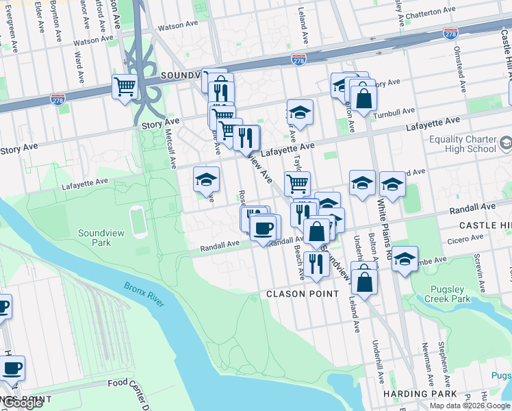 map of restaurants, bars, coffee shops, grocery stores, and more near 646 Rosedale Avenue in Bronx