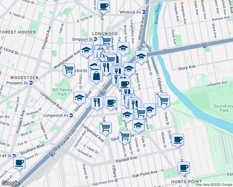 map of restaurants, bars, coffee shops, grocery stores, and more near 857 Manida Street in Bronx