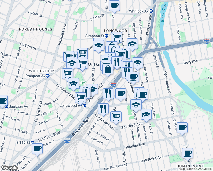 map of restaurants, bars, coffee shops, grocery stores, and more near 130 Bruckner Boulevard in Bronx