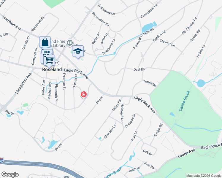 map of restaurants, bars, coffee shops, grocery stores, and more near 2 Baldwin Court in Roseland