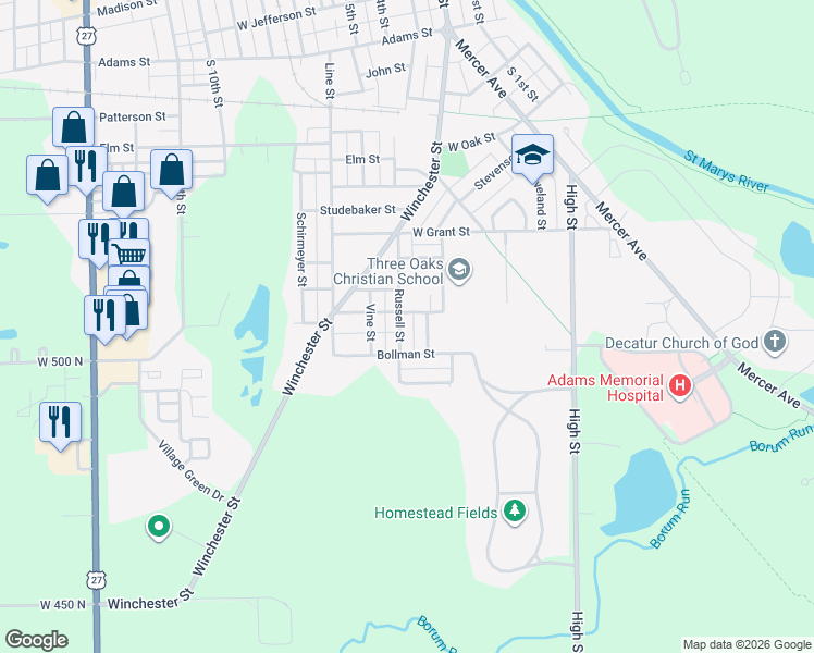 map of restaurants, bars, coffee shops, grocery stores, and more near 1062 Russell Street in Decatur