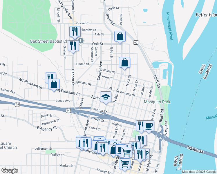 map of restaurants, bars, coffee shops, grocery stores, and more near 821 Franklin Street in Burlington