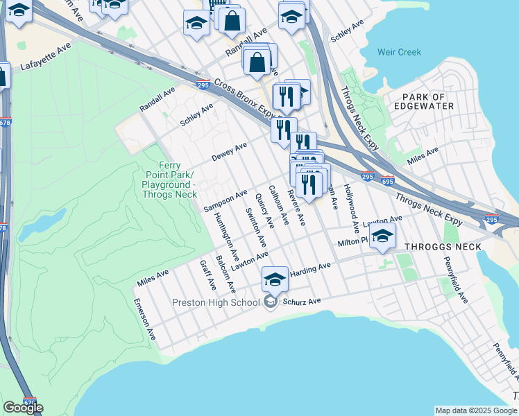 map of restaurants, bars, coffee shops, grocery stores, and more near 323 Quincy Avenue in The Bronx
