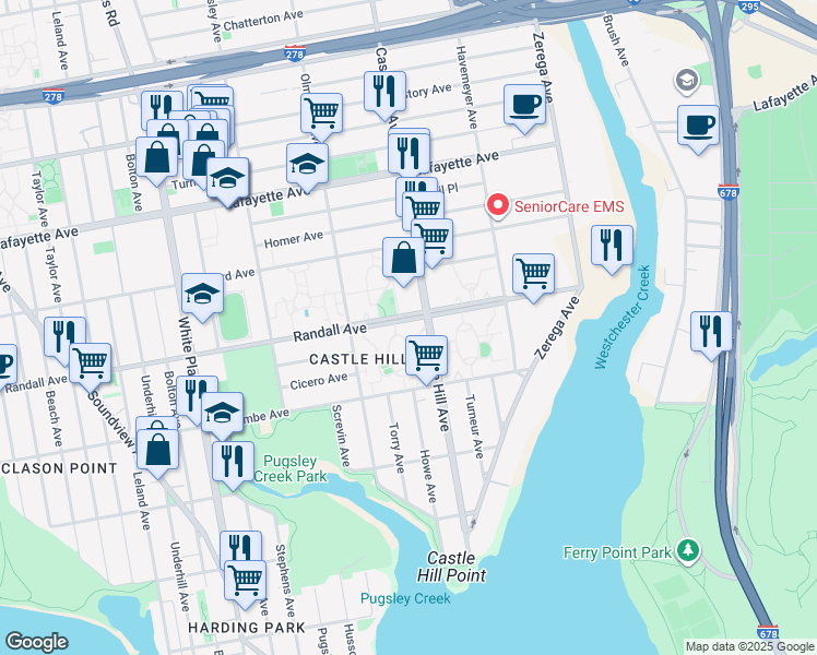 map of restaurants, bars, coffee shops, grocery stores, and more near 530 Olmstead Avenue in Bronx
