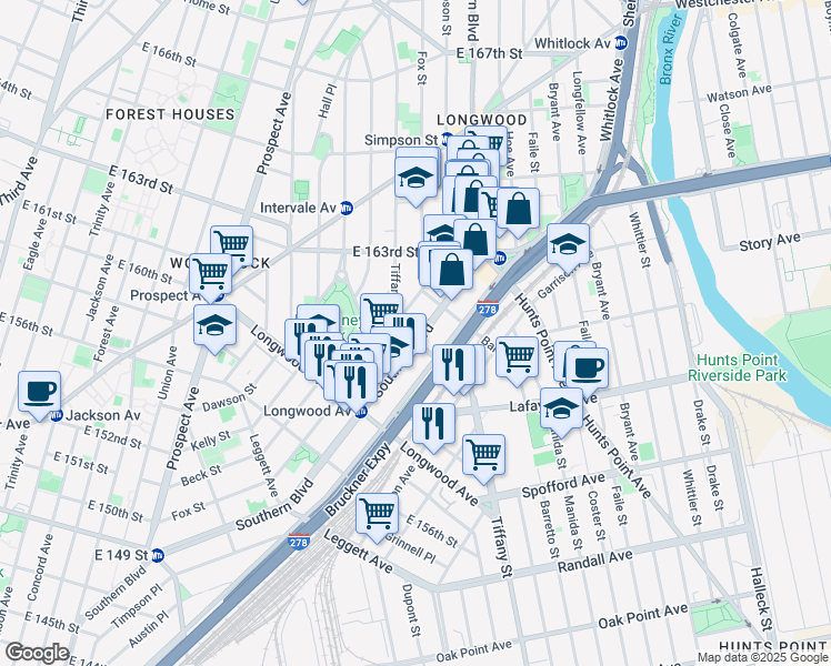 map of restaurants, bars, coffee shops, grocery stores, and more near 877 Southern Boulevard in Bronx