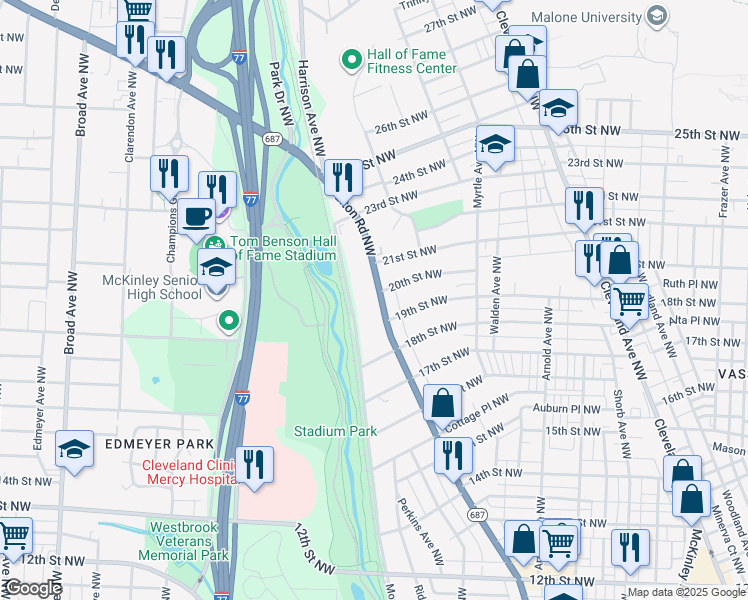map of restaurants, bars, coffee shops, grocery stores, and more near 1925 Fulton Road Northwest in Canton