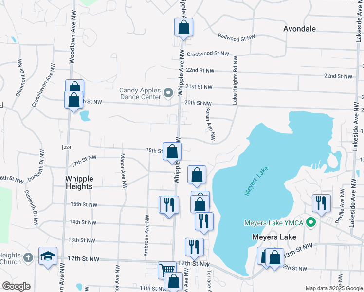 map of restaurants, bars, coffee shops, grocery stores, and more near 1812 Whipple Avenue Northwest in Canton