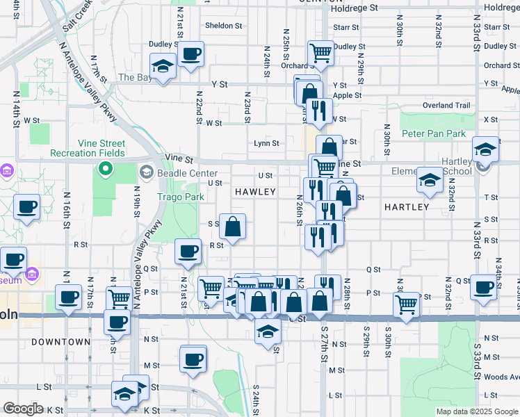 map of restaurants, bars, coffee shops, grocery stores, and more near 540 North 24th Street in Lincoln