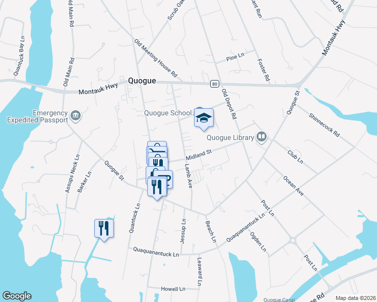 map of restaurants, bars, coffee shops, grocery stores, and more near 54 Lamb Avenue in Quogue