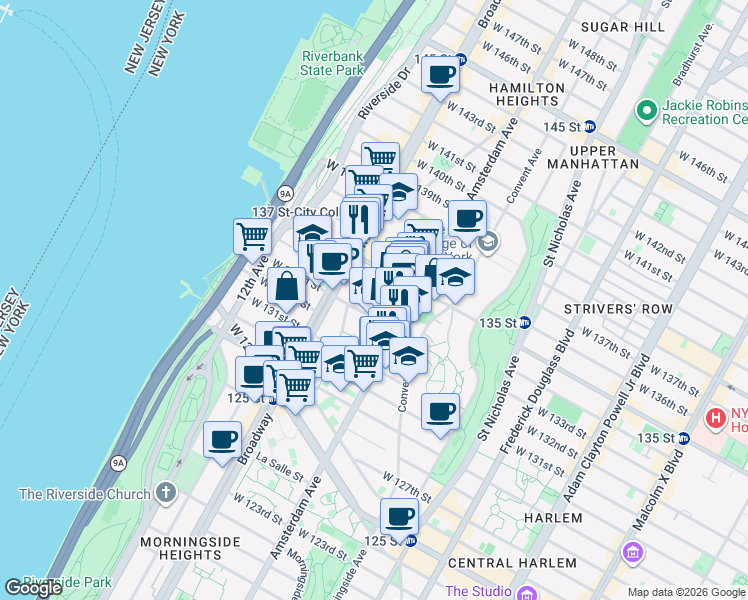 map of restaurants, bars, coffee shops, grocery stores, and more near 516 West 134th Street in New York