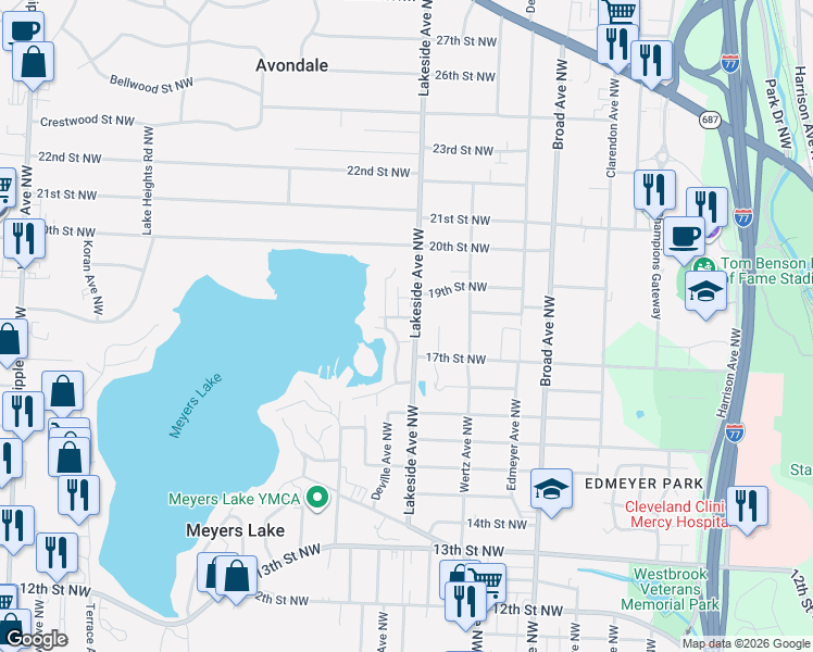 map of restaurants, bars, coffee shops, grocery stores, and more near 1710 North Pointe Drive Northwest in Canton