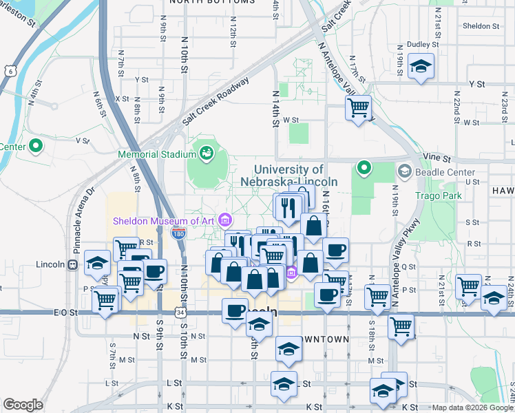 map of restaurants, bars, coffee shops, grocery stores, and more near 1400 R Street in Lincoln