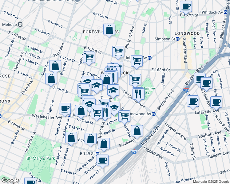 map of restaurants, bars, coffee shops, grocery stores, and more near 750 Prospect Avenue in Bronx