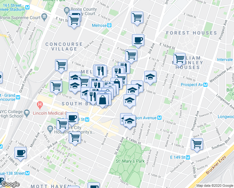 map of restaurants, bars, coffee shops, grocery stores, and more near 2984 Third Avenue in The Bronx