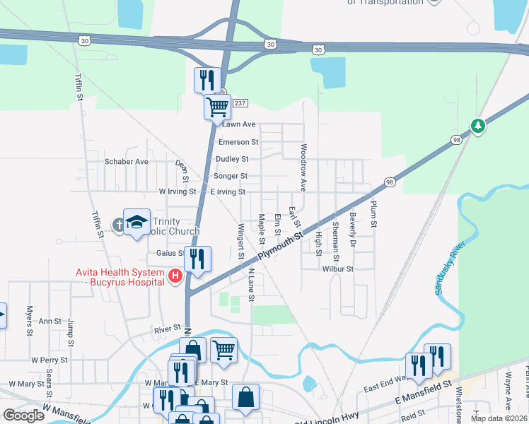 map of restaurants, bars, coffee shops, grocery stores, and more near 910 Maple Street in Bucyrus