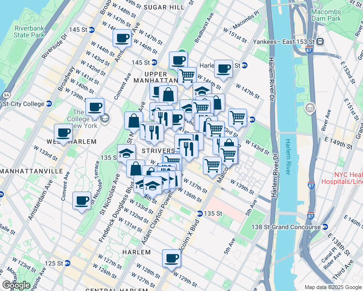 map of restaurants, bars, coffee shops, grocery stores, and more near 204 West 139th Street in New York