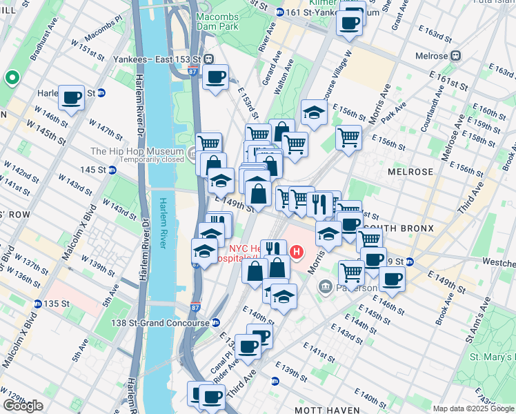 map of restaurants, bars, coffee shops, grocery stores, and more near 526-558 Grand Concourse in Bronx