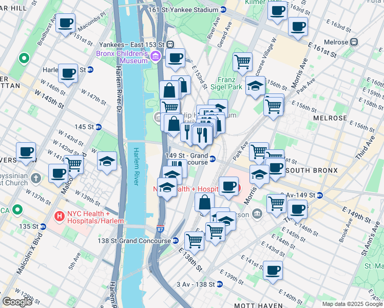 map of restaurants, bars, coffee shops, grocery stores, and more near 120 East 149th Street in Bronx