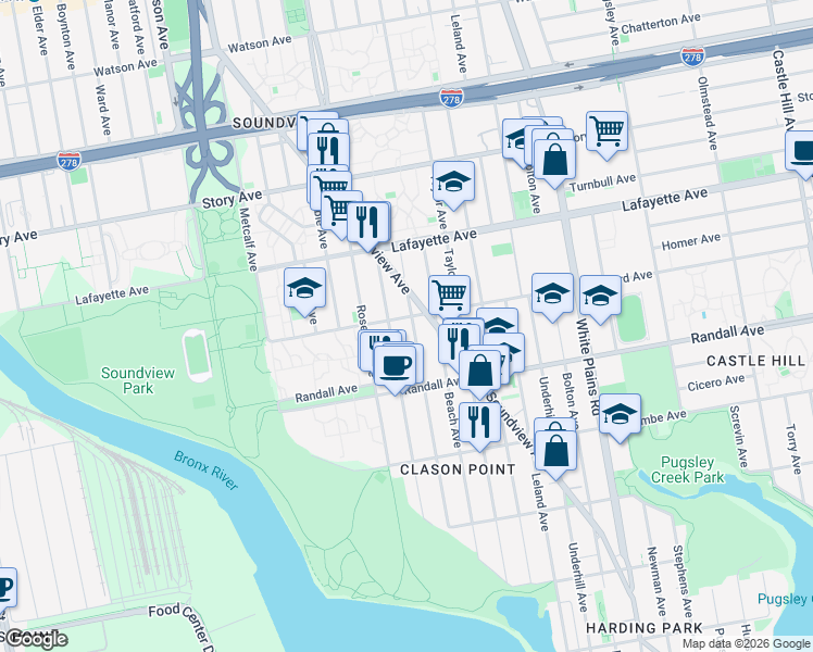 map of restaurants, bars, coffee shops, grocery stores, and more near 635 Saint Lawrence Avenue in Bronx