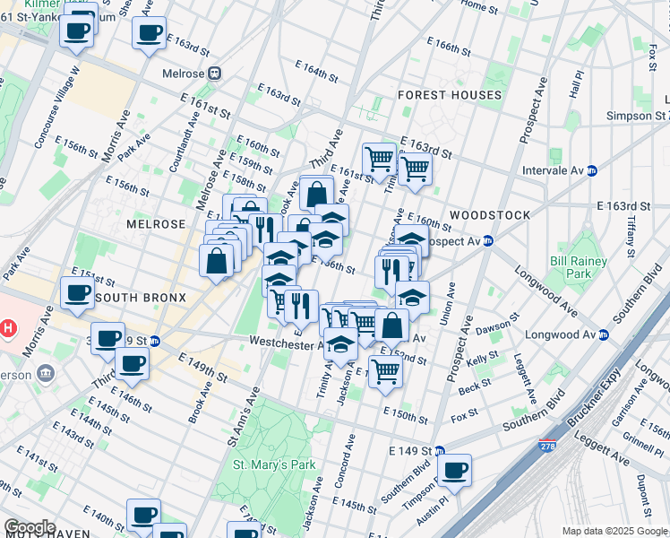 map of restaurants, bars, coffee shops, grocery stores, and more near 701 Cauldwell Avenue in Bronx