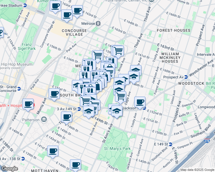 map of restaurants, bars, coffee shops, grocery stores, and more near 480 East 153rd Street in The Bronx